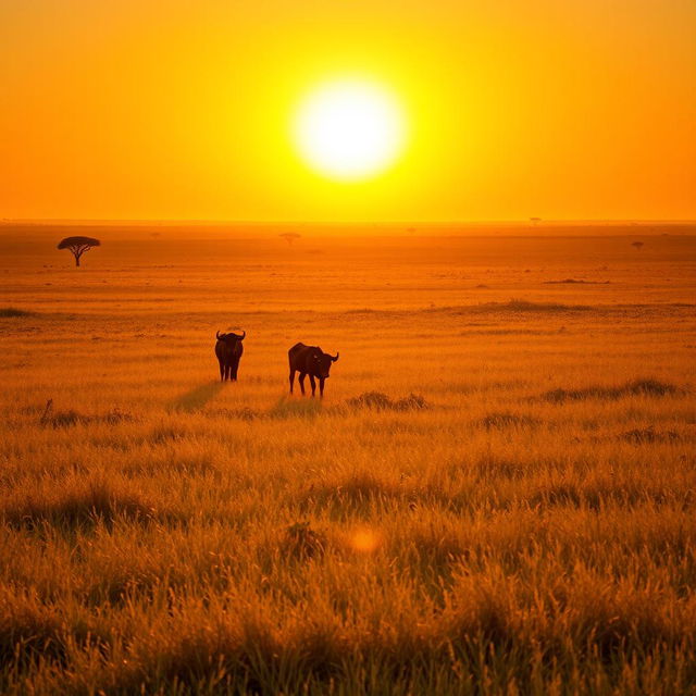 A captivating golden hour scene in Africa featuring clear golden grazing land, where the sun casts a warm golden light over the vast expanse of grass