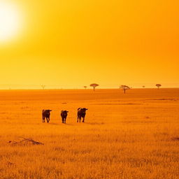 A captivating golden hour scene in Africa featuring clear golden grazing land, where the sun casts a warm golden light over the vast expanse of grass