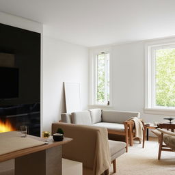 A rectangular Scandinavian style living room where a television sits independently, boldly facing an L-shaped couch and chair. Corner windows next to the inviting fireplace fill the room with soft, natural light.