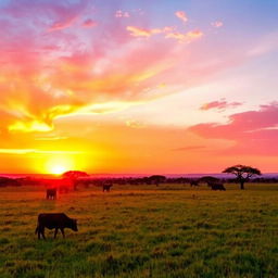 A breathtaking sunset hour in Africa, featuring a clear grazing land with vibrant hues of orange, pink, and purple filling the sky as the sun descends on the horizon