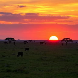 A breathtaking sunset hour in Africa, featuring a clear grazing land with vibrant hues of orange, pink, and purple filling the sky as the sun descends on the horizon