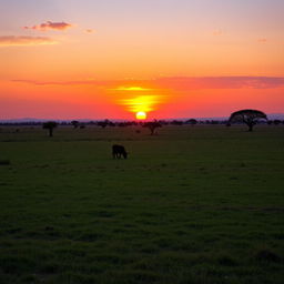 A breathtaking sunset hour in Africa, featuring a clear grazing land with vibrant hues of orange, pink, and purple filling the sky as the sun descends on the horizon