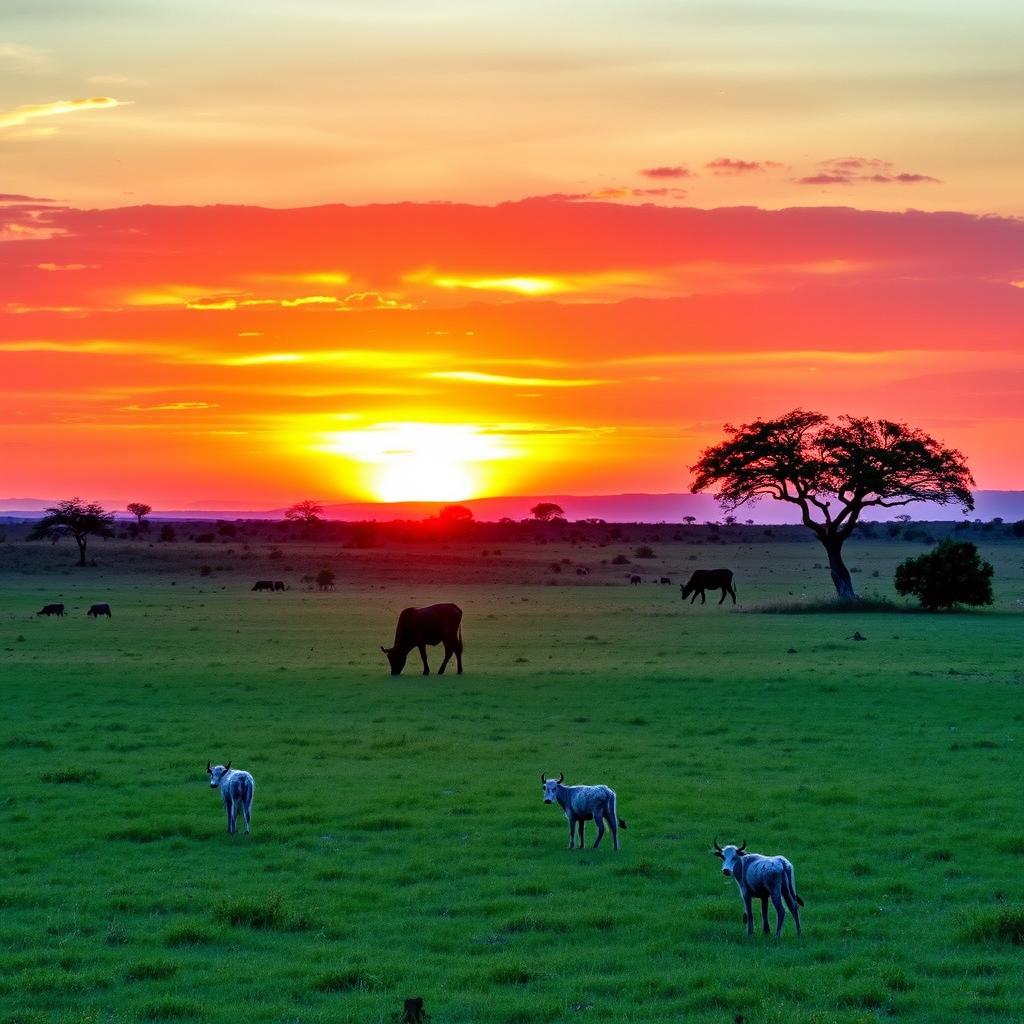 A breathtaking sunset hour in Africa, featuring a clear grazing land with vibrant hues of orange, pink, and purple filling the sky as the sun descends on the horizon