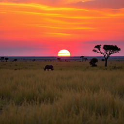 A breathtaking sunset hour in Africa, showcasing clear land with an expansive view of the horizon