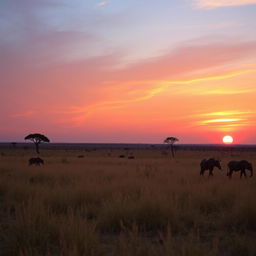 A breathtaking sunset hour in Africa, showcasing clear land with an expansive view of the horizon