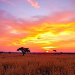 A breathtaking sunset hour in Africa, showcasing clear land with an expansive view of the horizon