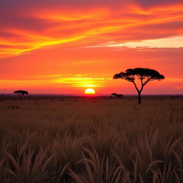 A breathtaking sunset hour in Africa, showcasing clear land with an expansive view of the horizon