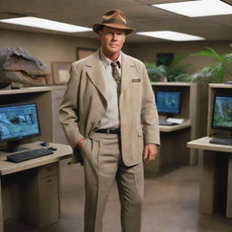 Create an image of Dr. Alan Grant in a Jurassic Park-branded outfit heading into the computer room. His paleontologist expertise now merges with technology, as he navigates this thrilling merger of prehistory and modernity on Isla Nublar.