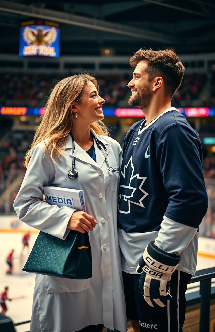 A romantic scene featuring a couple in a sports medicine context, set in a modern hockey arena