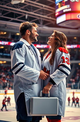 A romantic scene featuring a couple in a sports medicine context, set in a modern hockey arena