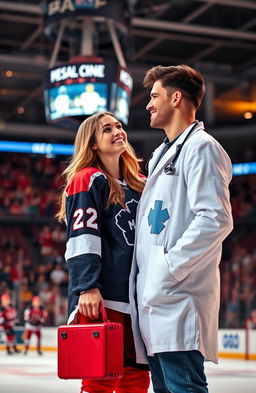 A romantic scene featuring a couple in a sports medicine context, set in a modern hockey arena