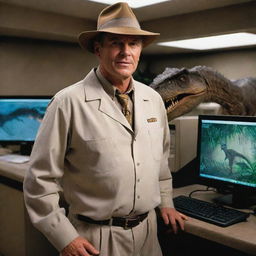 Create an image of Dr. Alan Grant in a Jurassic Park-branded outfit heading into the computer room. His paleontologist expertise now merges with technology, as he navigates this thrilling merger of prehistory and modernity on Isla Nublar.