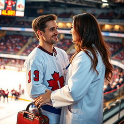 A romantic scene featuring a couple in a sports medicine context, set in a modern hockey arena