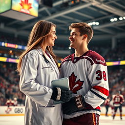 A romantic scene featuring a couple in a sports medicine context, set in a modern hockey arena