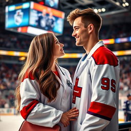 A romantic scene featuring a couple in a sports medicine context, set in a modern hockey arena