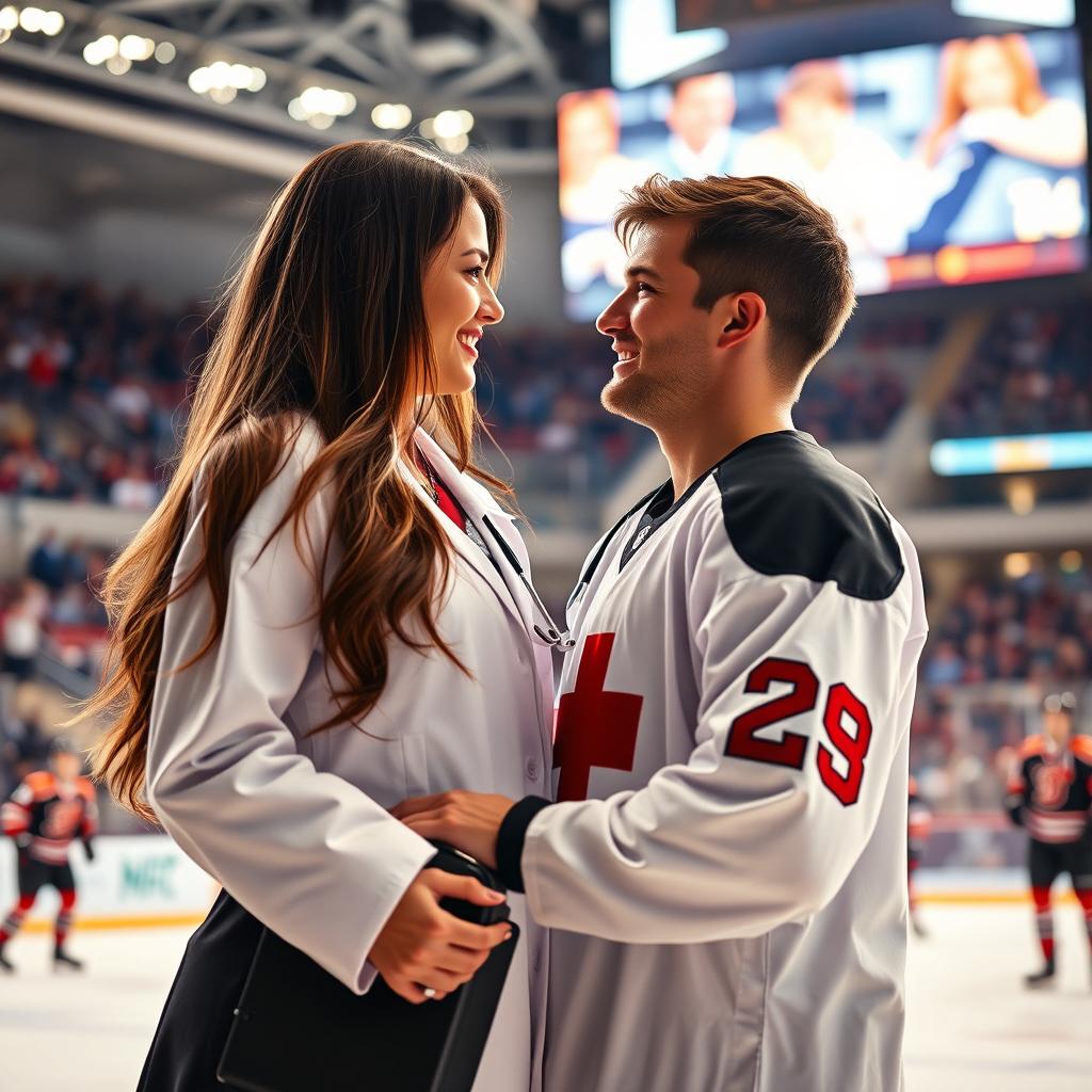 A romantic scene featuring a couple in a sports medicine context, set in a modern hockey arena