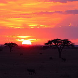 An enchanting sunset hour in Africa, showcasing a vibrant sky filled with hues of deep orange, soft pink, and royal purple as the sun sets on the horizon