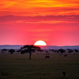 An enchanting sunset hour in Africa, showcasing a vibrant sky filled with hues of deep orange, soft pink, and royal purple as the sun sets on the horizon