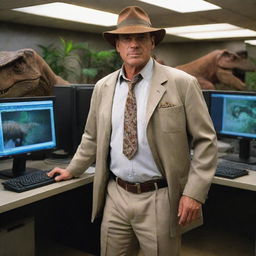 Create an image of Dr. Alan Grant in a Jurassic Park-branded outfit heading into the computer room. His paleontologist expertise now merges with technology, as he navigates this thrilling merger of prehistory and modernity on Isla Nublar.