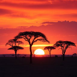 An enchanting sunset hour in Africa, showcasing a vibrant sky filled with hues of deep orange, soft pink, and royal purple as the sun sets on the horizon