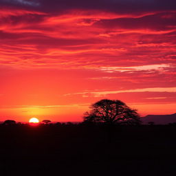 An enchanting sunset hour in Africa, showcasing a vibrant sky filled with hues of deep orange, soft pink, and royal purple as the sun sets on the horizon