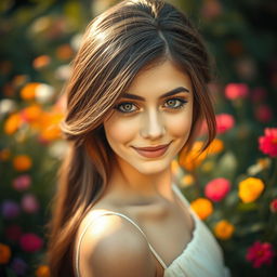 A stunning close-up portrait of a young woman with captivating features, looking directly at the viewer with a soft smile