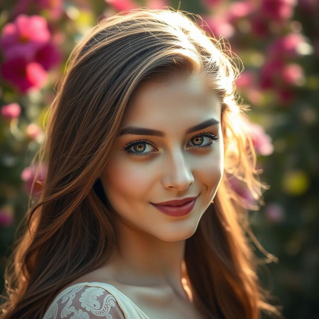 A stunning close-up portrait of a young woman with captivating features, looking directly at the viewer with a soft smile