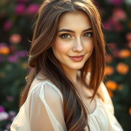 A stunning close-up portrait of a young woman with captivating features, looking directly at the viewer with a soft smile