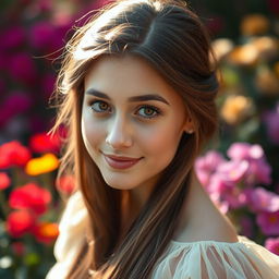 A stunning close-up portrait of a young woman with captivating features, looking directly at the viewer with a soft smile