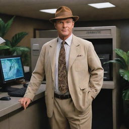 Create an image of Dr. Alan Grant in a Jurassic Park-branded outfit heading into the computer room. His paleontologist expertise now merges with technology, as he navigates this thrilling merger of prehistory and modernity on Isla Nublar.