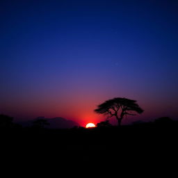 A captivating dusk sunset hour in Africa, where the sun is just below the horizon, casting deep blues and purples across the sky