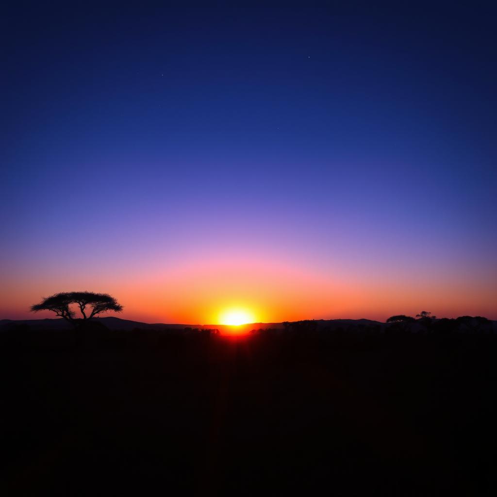 A captivating dusk sunset hour in Africa, where the sun is just below the horizon, casting deep blues and purples across the sky