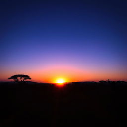 A captivating dusk sunset hour in Africa, where the sun is just below the horizon, casting deep blues and purples across the sky