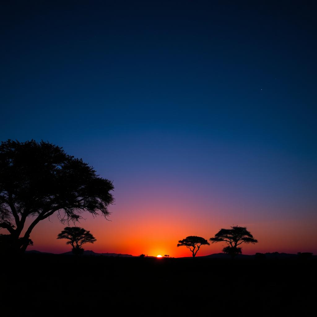 A captivating dusk sunset hour in Africa, where the sun is just below the horizon, casting deep blues and purples across the sky