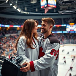 A romantic scene featuring a couple in a sports medicine setting, set in a modern hockey arena