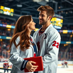 A romantic scene featuring a couple in a sports medicine setting, set in a modern hockey arena