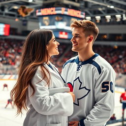 A romantic scene featuring a couple in a sports medicine setting, set in a modern hockey arena