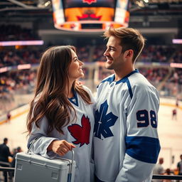 A romantic scene featuring a couple in a sports medicine setting, set in a modern hockey arena