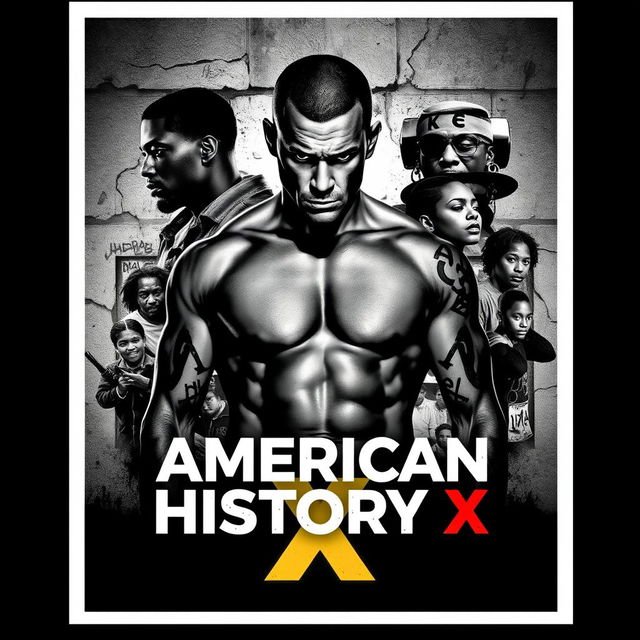 A film cover design inspired by the themes of 'American History X', featuring a powerful black-and-white color scheme