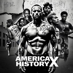 A film cover design inspired by the themes of 'American History X', featuring a powerful black-and-white color scheme