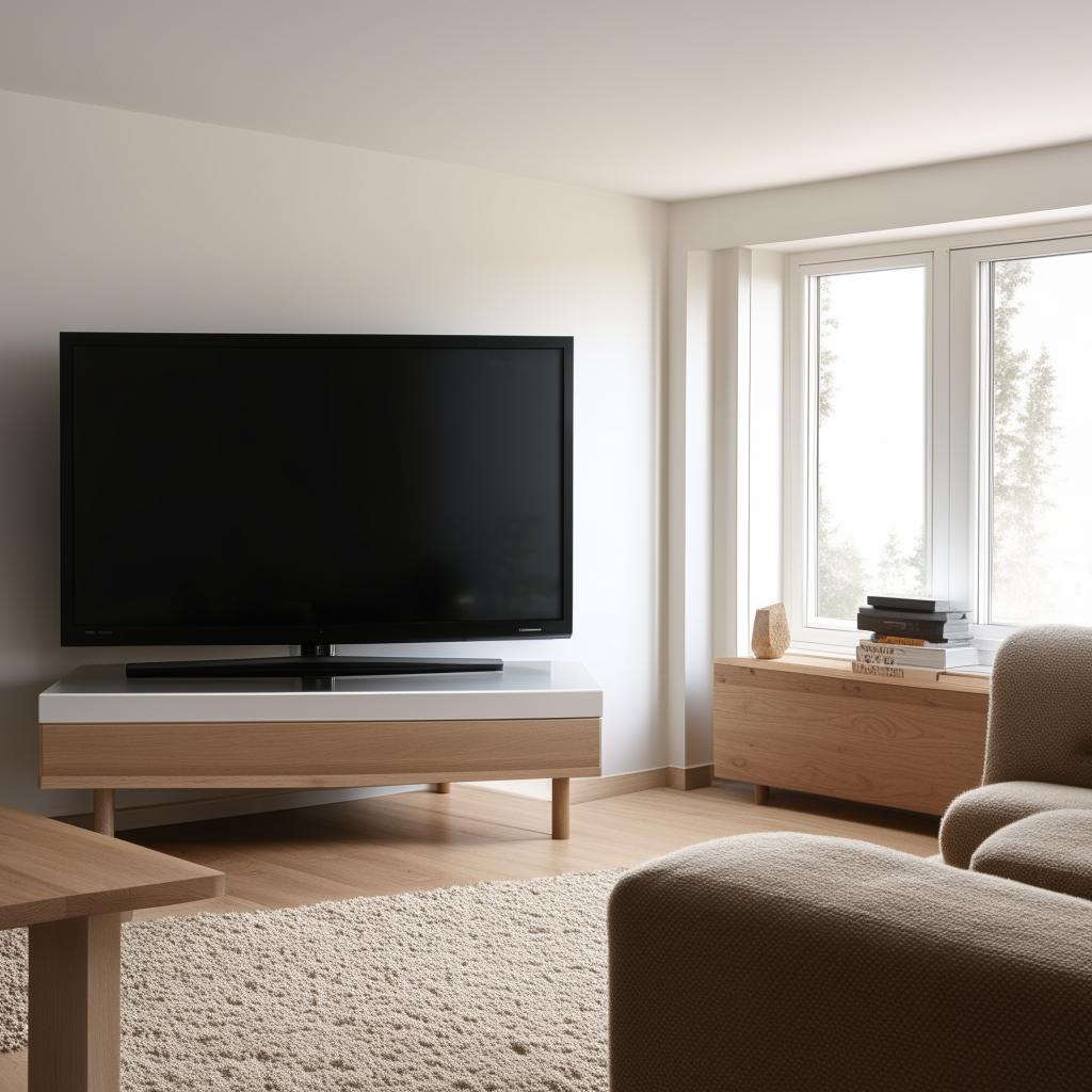 A rectangular Scandinavian style living room where a television sits independently, boldly facing an L-shaped couch and chair. Corner windows next to the inviting fireplace fill the room with soft, natural light.