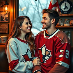 A romantic scene between two 20-year-olds, a young woman with long brown hair and a young man resembling professional hockey player Vince Dunn