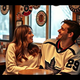 A romantic scene between two 20-year-olds, a young woman with long brown hair and a young man resembling professional hockey player Vince Dunn