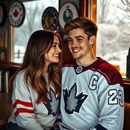 A romantic scene between two 20-year-olds, a young woman with long brown hair and a young man resembling professional hockey player Vince Dunn