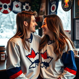 A romantic scene between two 20-year-olds, a young woman with long brown hair and a young man resembling professional hockey player Vince Dunn