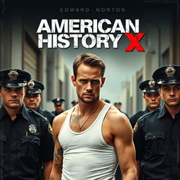 A film cover inspired by 'American History X', featuring a dramatic portrayal of Edward Norton in a tense scene with police officers