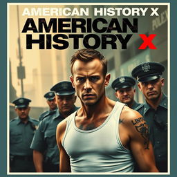 A film cover inspired by 'American History X', featuring a dramatic portrayal of Edward Norton in a tense scene with police officers