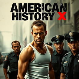 A film cover inspired by 'American History X', featuring a dramatic portrayal of Edward Norton in a tense scene with police officers