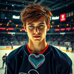 A romantic hockey scene featuring a beautiful young man with charming features, wearing a stylish hockey jersey and looking intently at the viewer