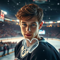 A romantic hockey scene featuring a beautiful young man with charming features, wearing a stylish hockey jersey and looking intently at the viewer